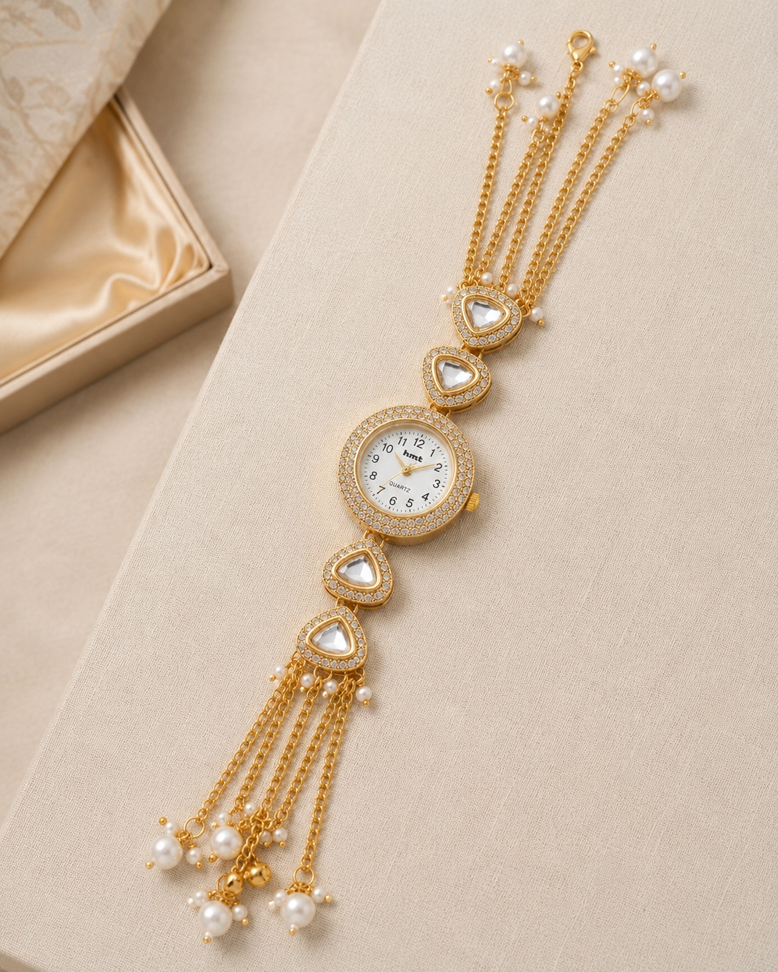 Kashmiri Kundan Pearl Bracelet Watch