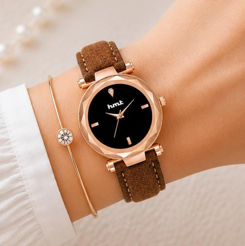 Rose Gold Black Dial Watch with Brown Leather Strap