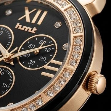 Black Premium Chrono Watch for women with Crystal Bezel