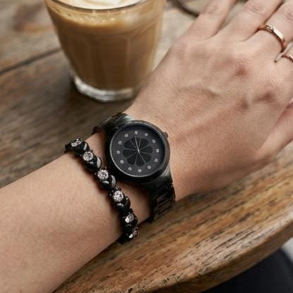 Black Watch With Heart-Link Bracelet Set