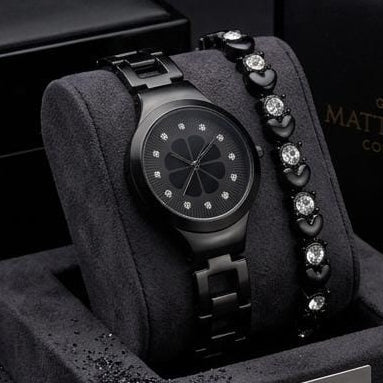 Black Watch With Heart-Link Bracelet Set
