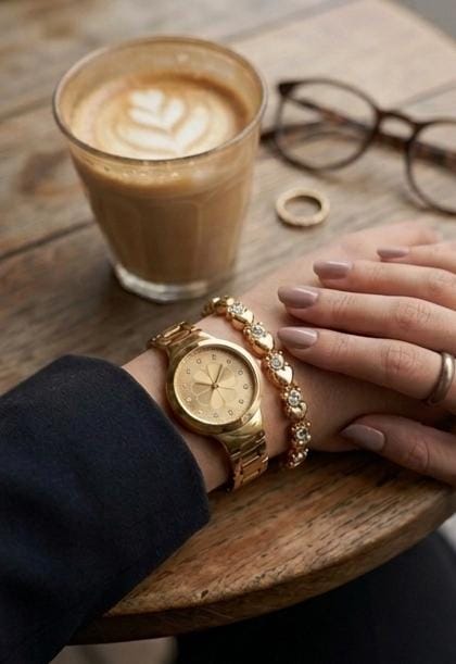 Gold Watch With Heart-Link Bracelet Set