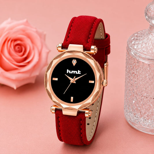 Rose Gold Watch with Red Velvet Strap