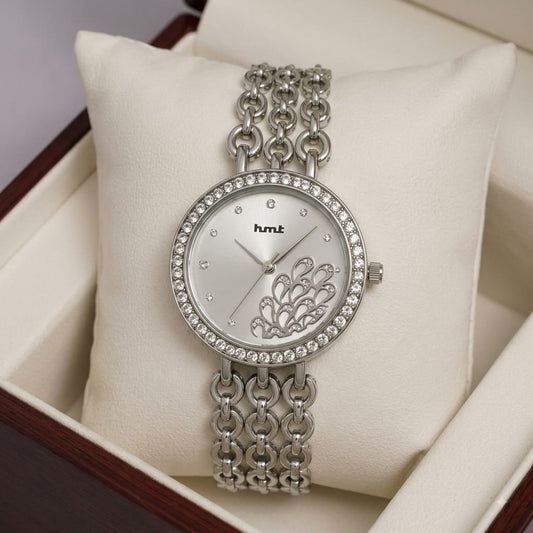 Silver Crystal Studded Bracelet Watch For Women