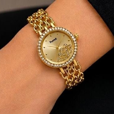 Golden Crystal Studded Bracelet Watch For Women