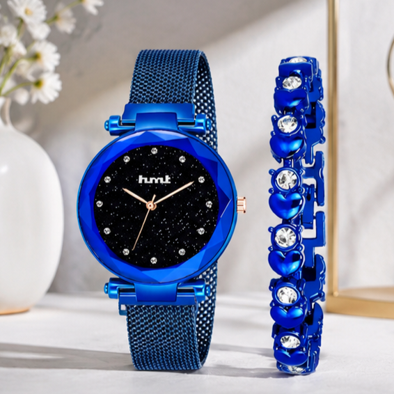 Blue Starry Night Analog Watch & Bracelet Set