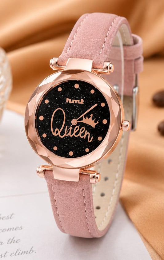 "Queen" Rose Gold Pink Leather Watch