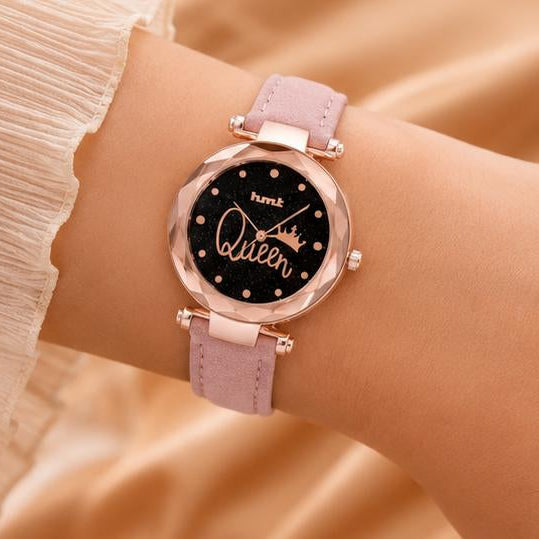 "Queen" Rose Gold Pink Leather Watch