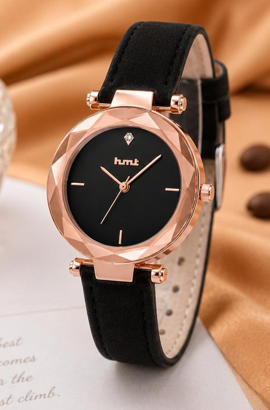 Rose Gold Faceted Bezel Watch with Black Leather Strap