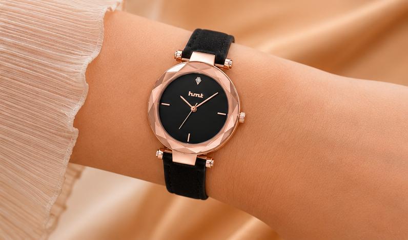 Rose Gold Faceted Bezel Watch with Black Leather Strap