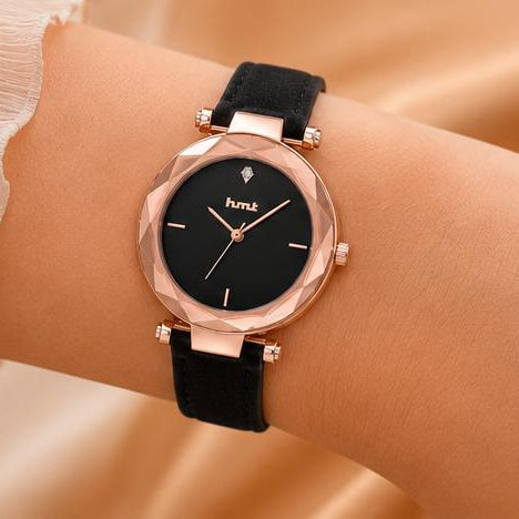 Rose Gold Faceted Bezel Watch with Black Leather Strap