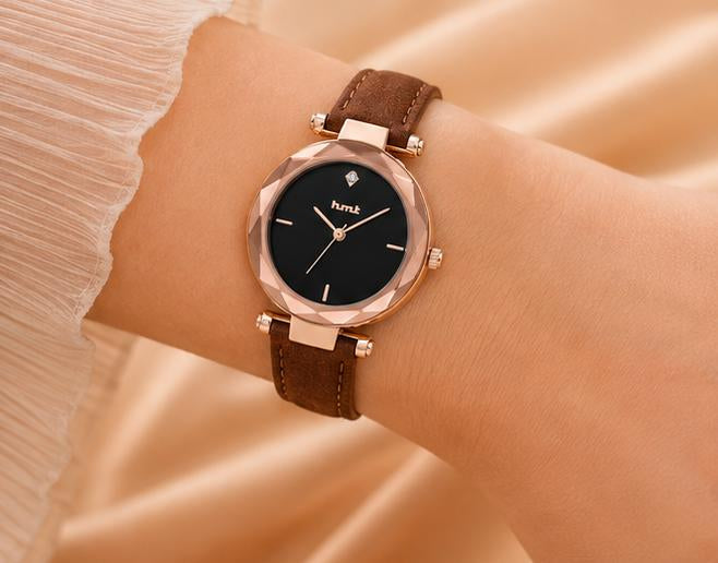 Rose Gold Faceted Bezel Watch with Brown Leather Strap