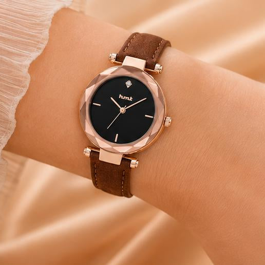 Rose Gold Faceted Bezel Watch with Brown Leather Strap