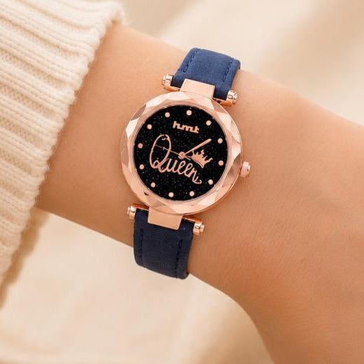 "Queen" Rose Gold Blue Leather Watch