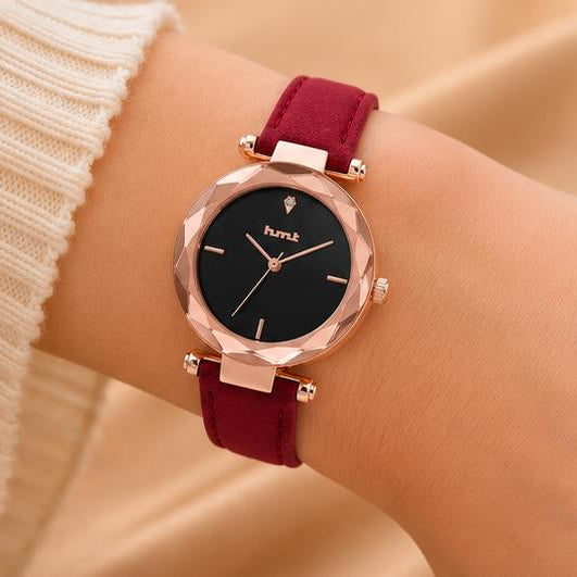 Rose Gold Faceted Bezel Watch with Red Leather Strap