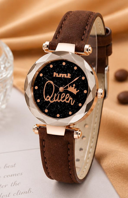 "Queen" Rose Gold Brown Leather Watch