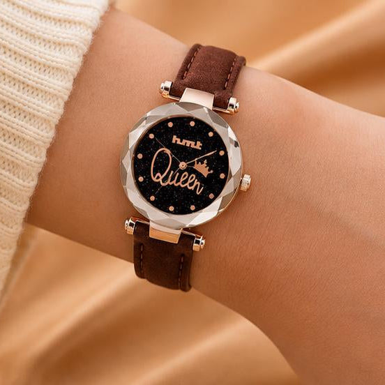 "Queen" Rose Gold Brown Leather Watch