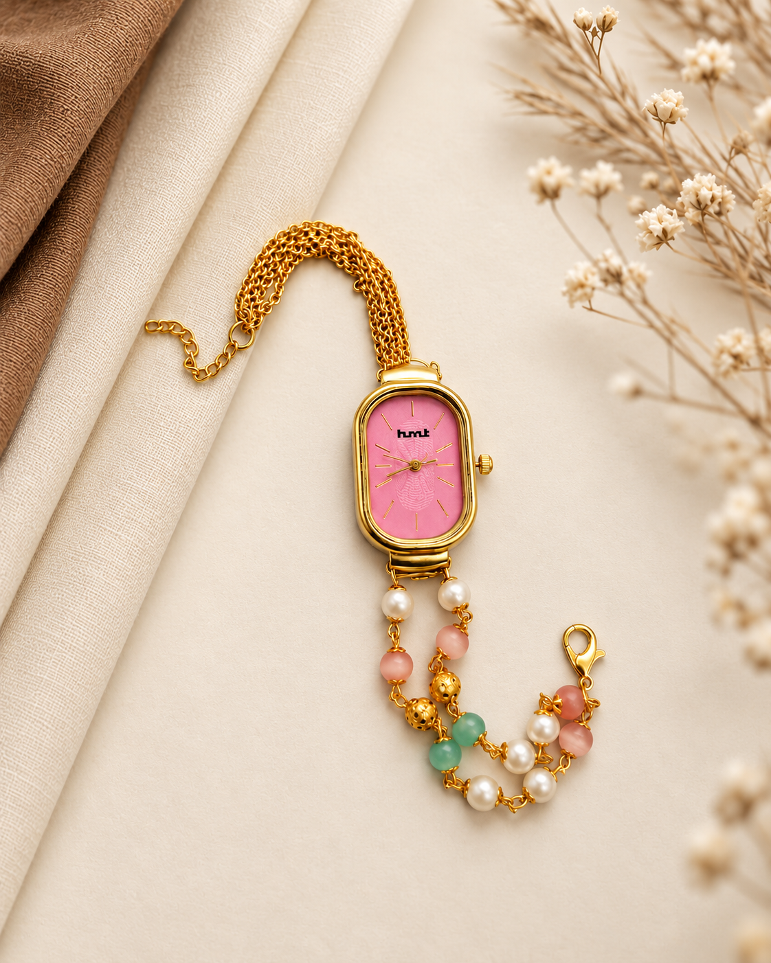 Elegant Pink Pearl Bracelet Watch For Women
