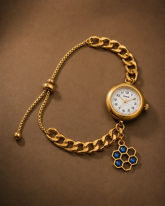Anti-Tarnish Premium Women's Gold Honeycomb Sea Blue Stone Charm Bracelet Watch