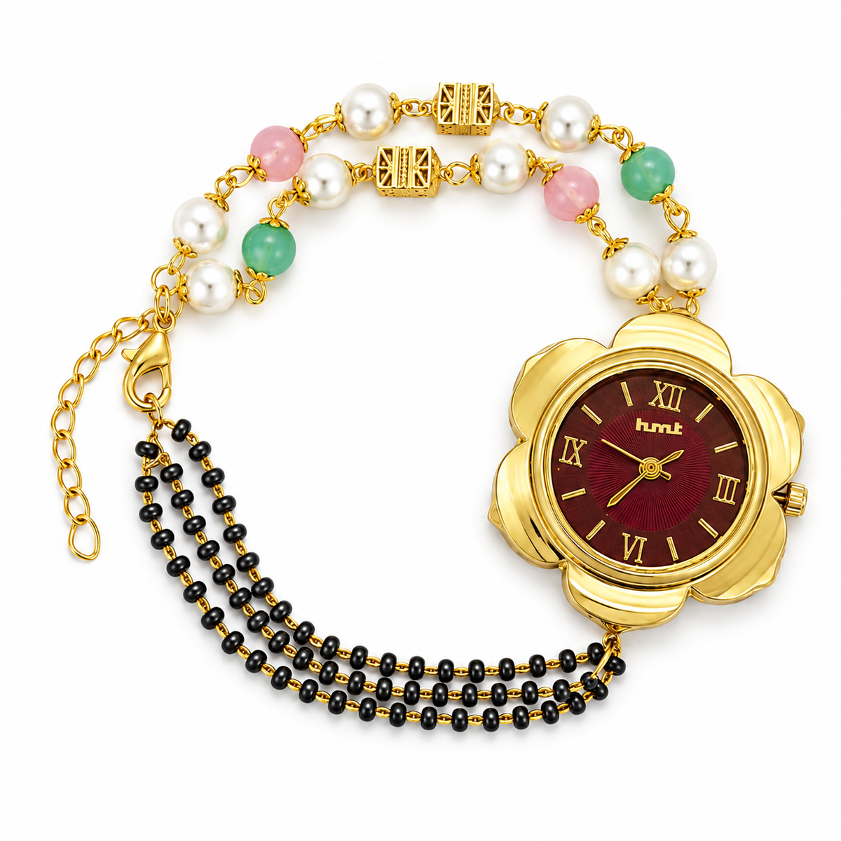 Elegant Black Beads Pearl Bracelet Watch For Women