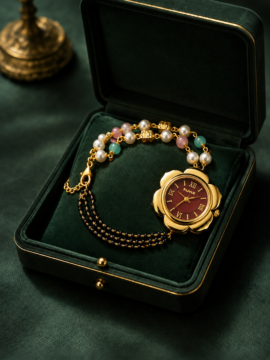 Elegant Black Beads Pearl Bracelet Watch For Women
