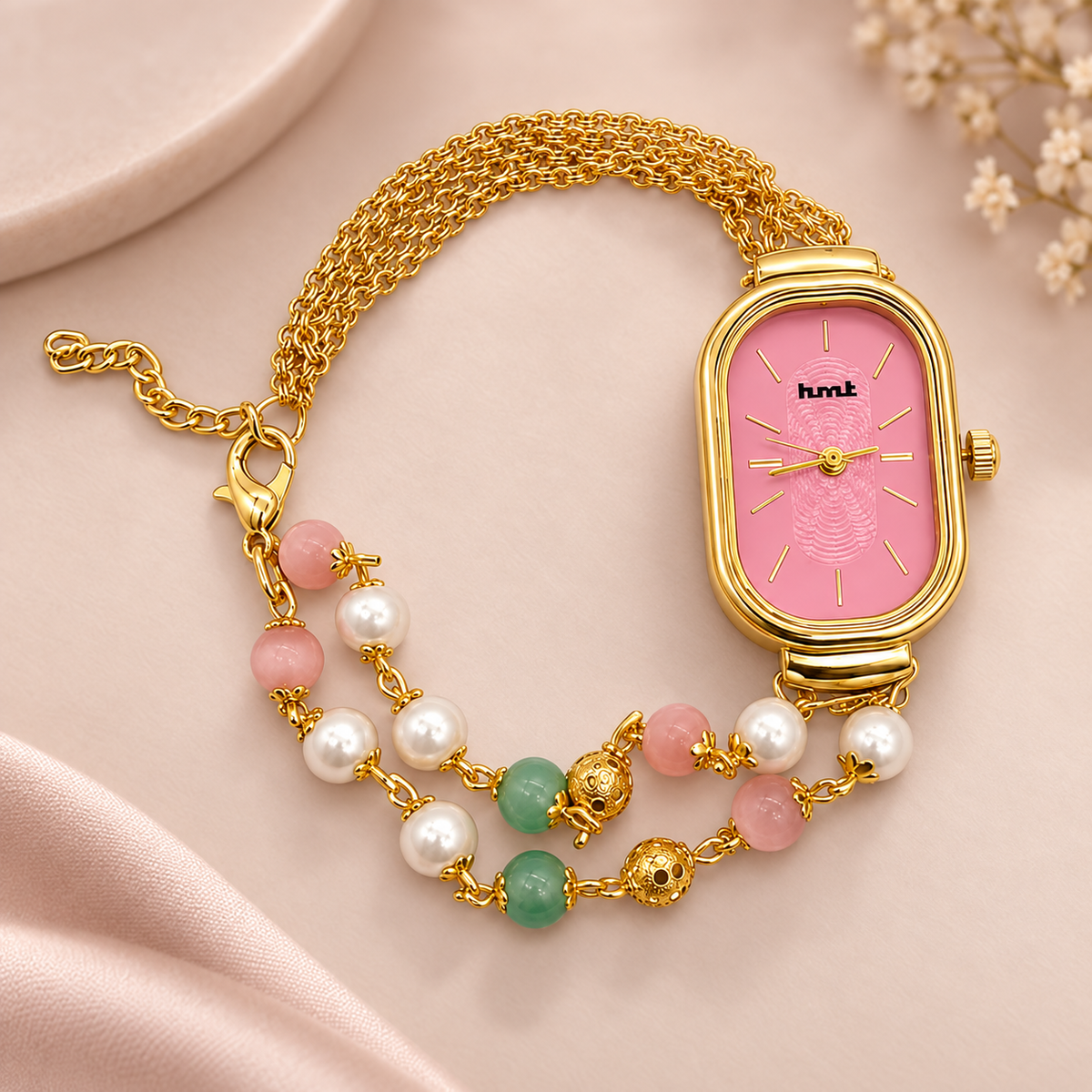 Elegant Pink Pearl Bracelet Watch For Women