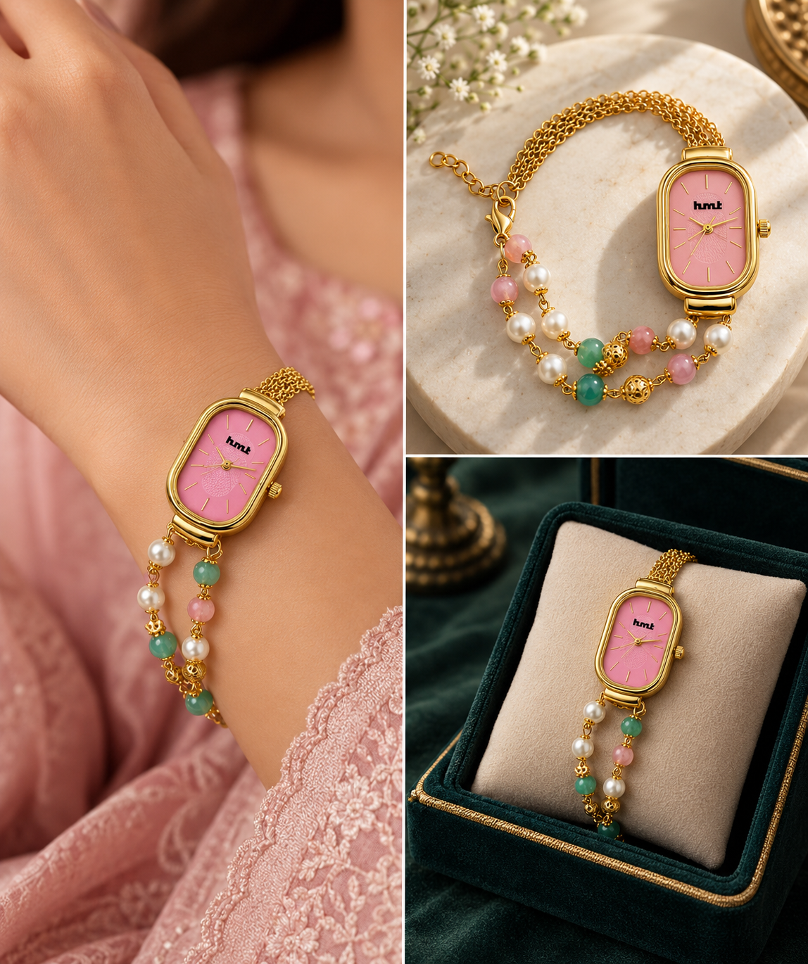 Elegant Pink Pearl Bracelet Watch For Women