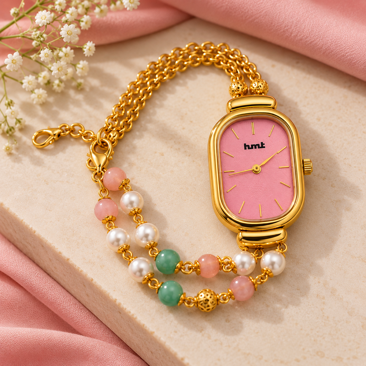 Elegant Pink Pearl Bracelet Watch For Women