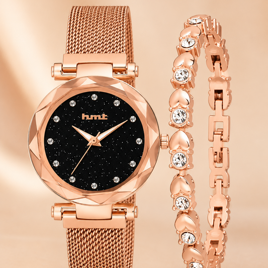 Rose Gold Starry Night Analog Watch & Bracelet Set