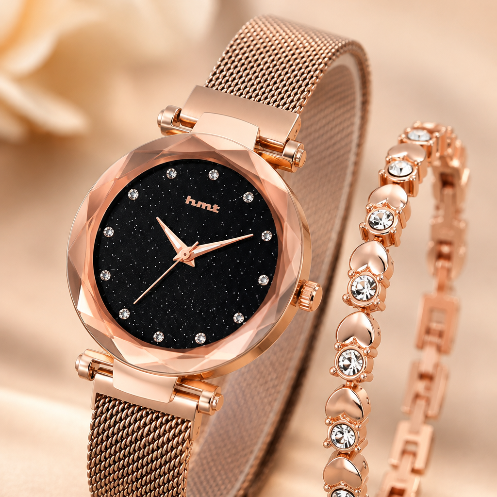 Rose Gold Starry Night Analog Watch & Bracelet Set