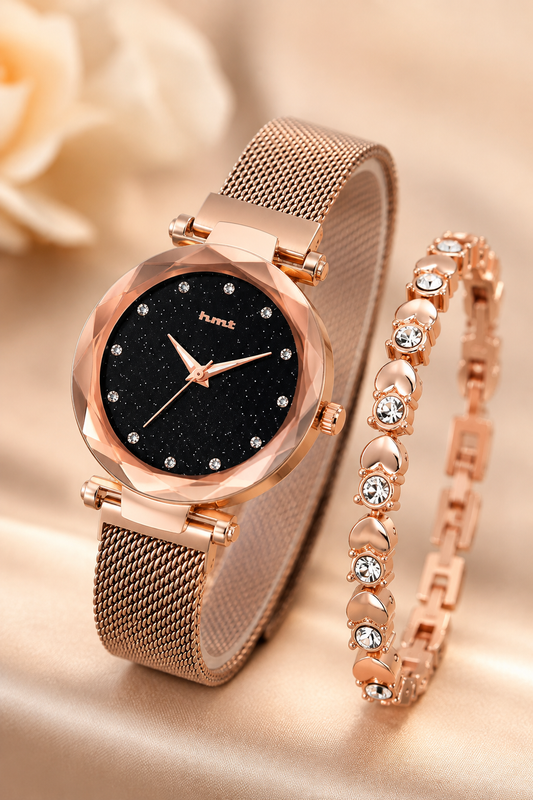 Rose Gold Starry Night Analog Watch & Bracelet Set