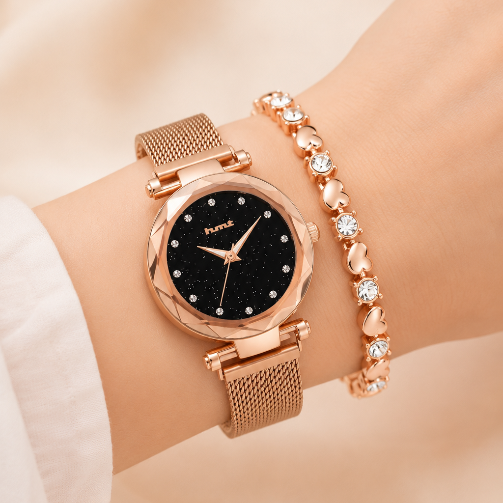 Rose Gold Starry Night Analog Watch & Bracelet Set