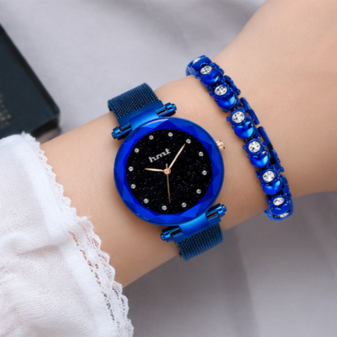 Blue Starry Night Analog Watch & Bracelet Set
