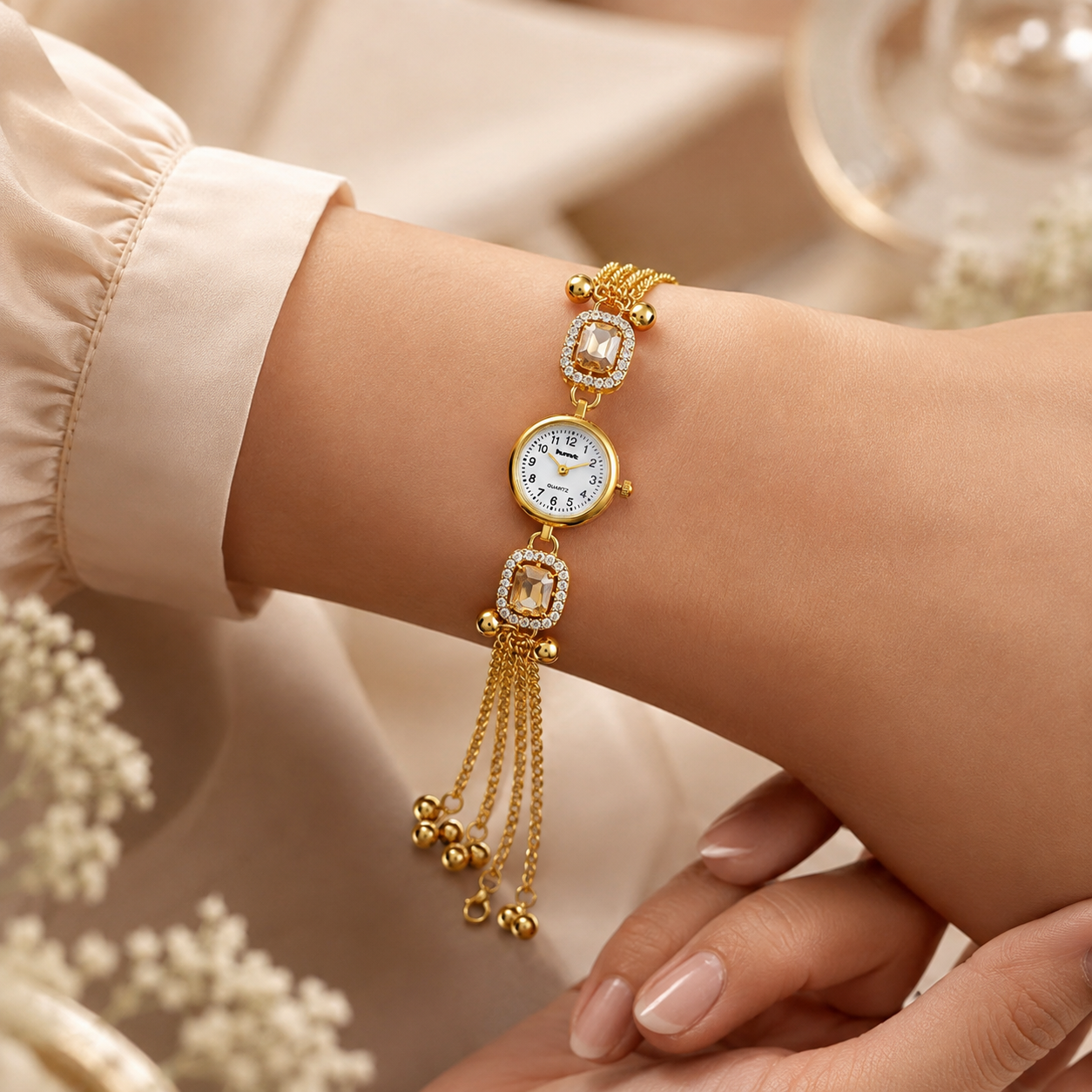 Anti-Tarnish Gold Plated Traditional Kundan Kashmiri Bracelet Watch
