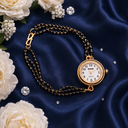 Anti-Tarnish Gold-Plated Black beads chain Quartz Bracelet Watch