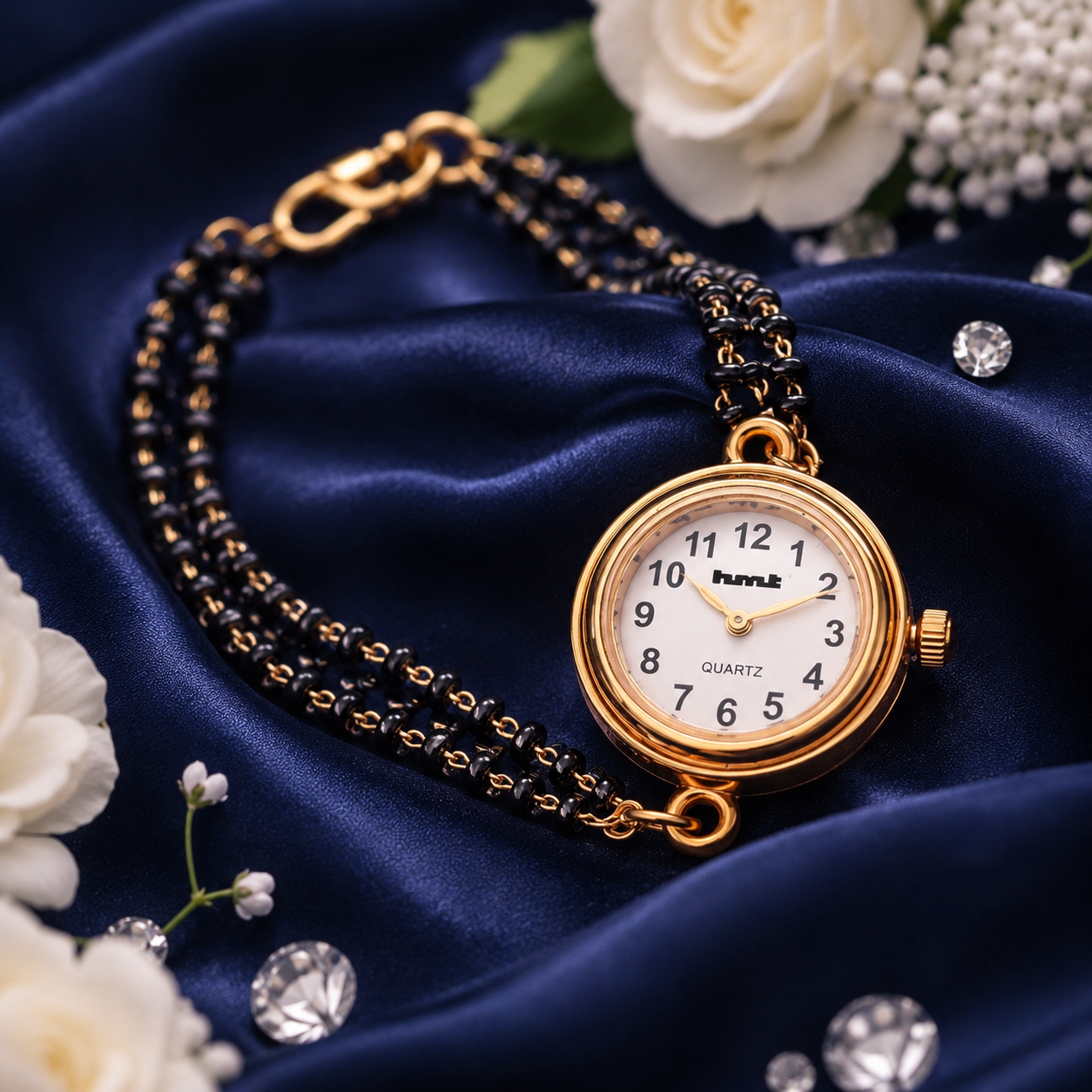 Anti-Tarnish Gold-Plated Black beads chain Quartz Bracelet Watch