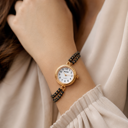 Anti-Tarnish Gold-Plated Black beads chain Quartz Bracelet Watch