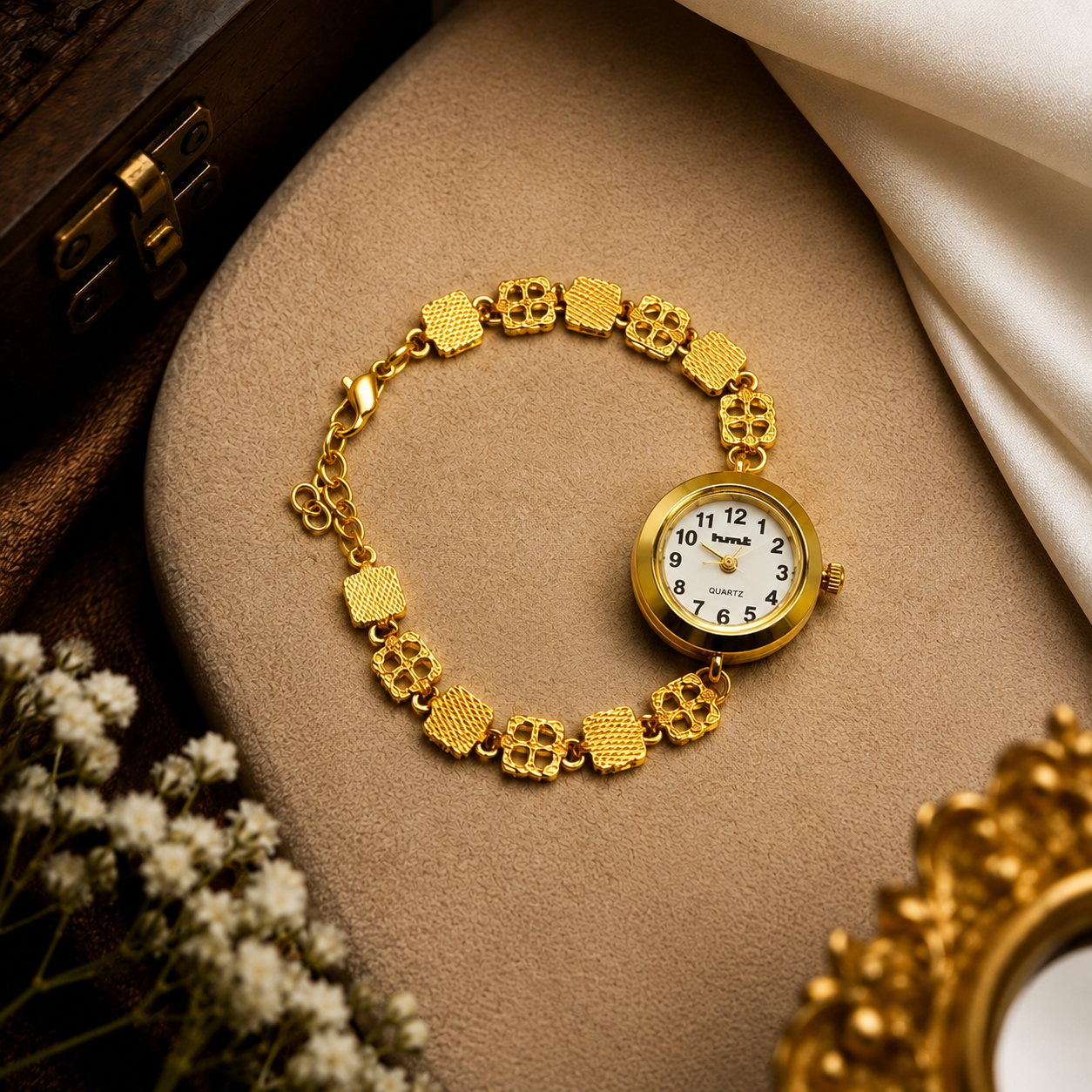 Elegant Anti-Tarnish Gold-Tone Floral Link Bracelet Watch for Women