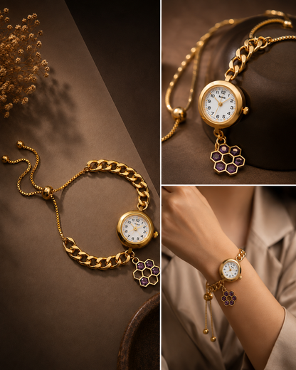 Anti-Tarnish Premium Women's Gold Honeycomb Purple Stone Charm Bracelet Watch
