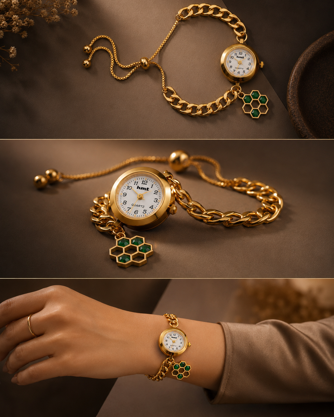 Anti-Tarnish Premium Women's Gold Honeycomb Green Stone Charm Bracelet Watch