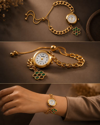 Anti-Tarnish Premium Women's Gold Honeycomb Green Stone Charm Bracelet Watch