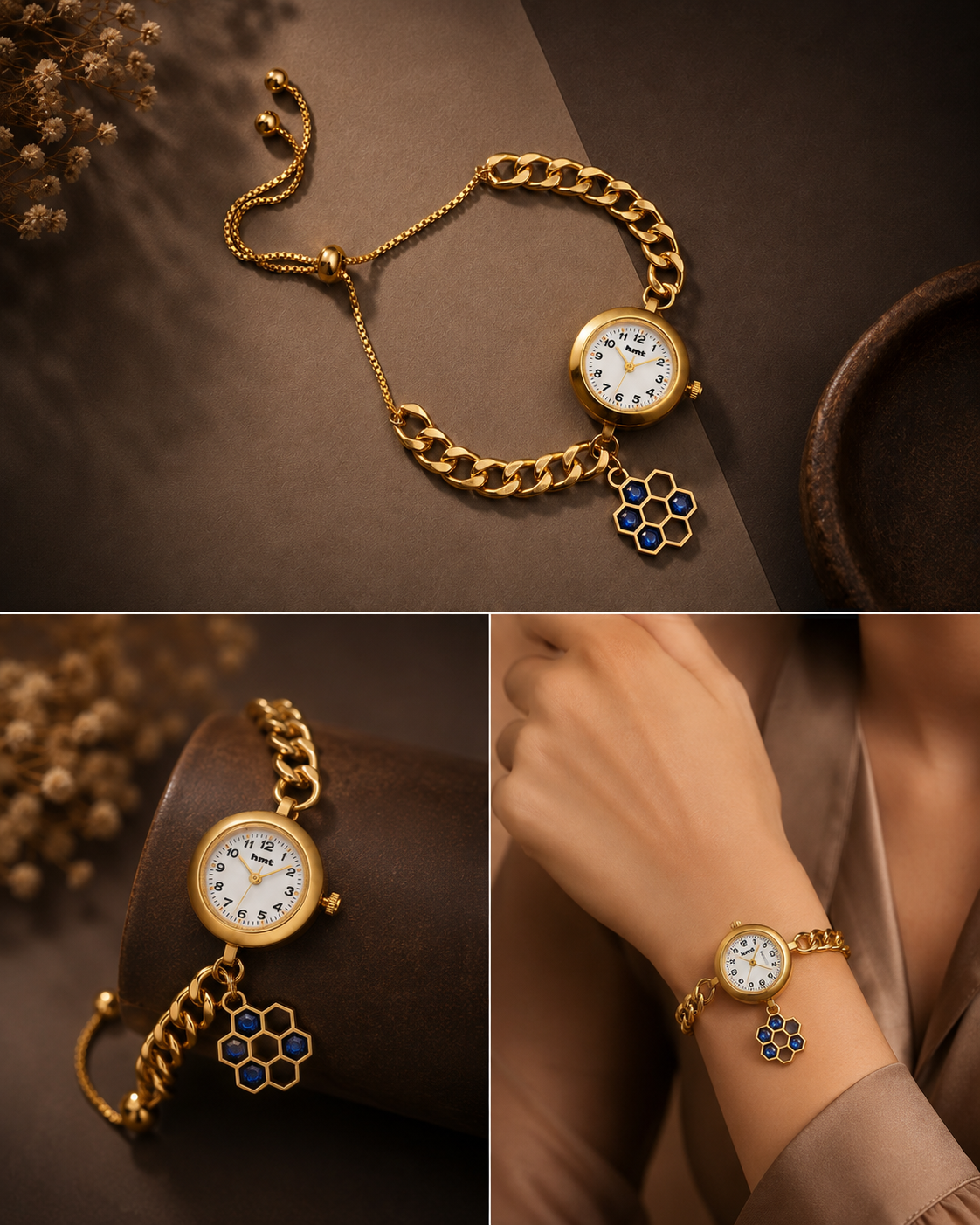 Anti-Tarnish Premium Women's Gold Honeycomb Blue Stone Charm Bracelet Watch