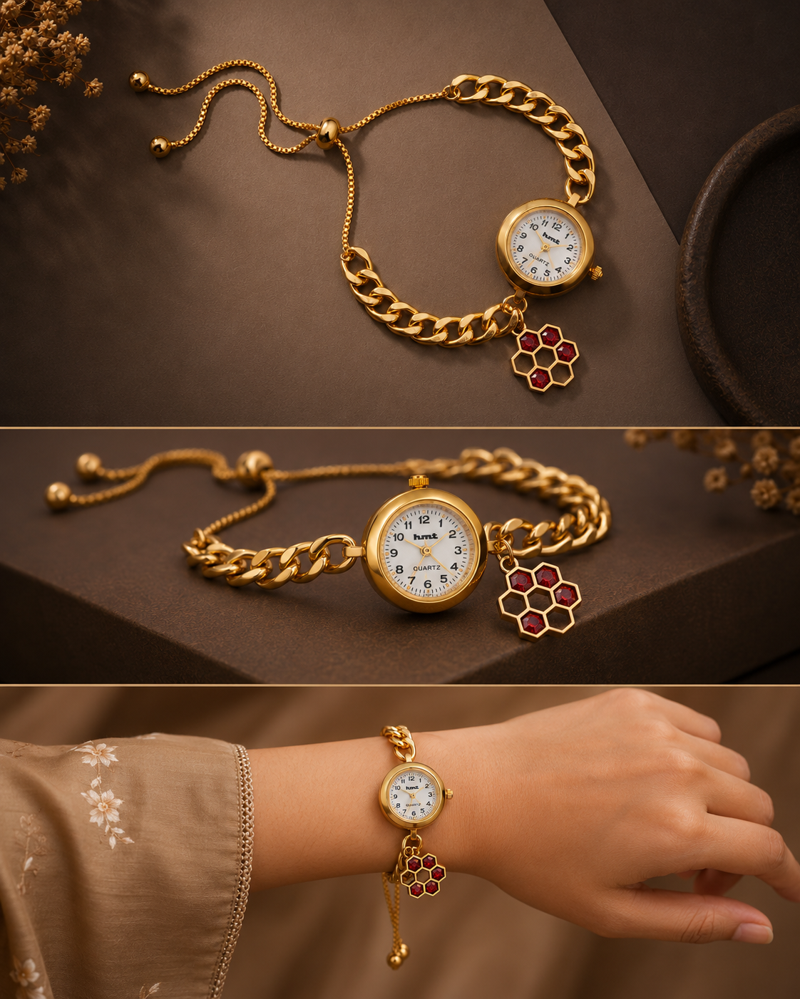 Anti-Tarnish Premium Women's Gold Honeycomb Red Stone Charm Bracelet Watch
