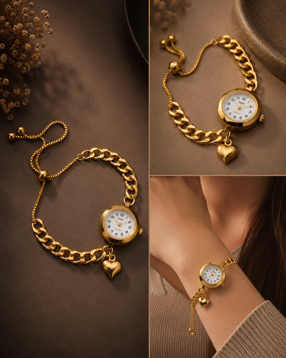 Luxury Anti-tarnish Gold-Plated Curb Chain Heart Charm Bracelet Watch