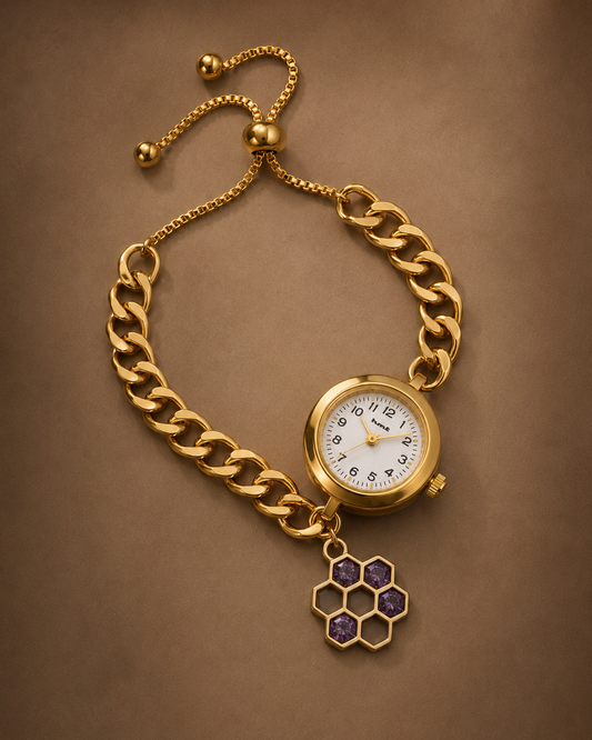 Anti-Tarnish Premium Women's Gold Honeycomb Purple Stone Charm Bracelet Watch