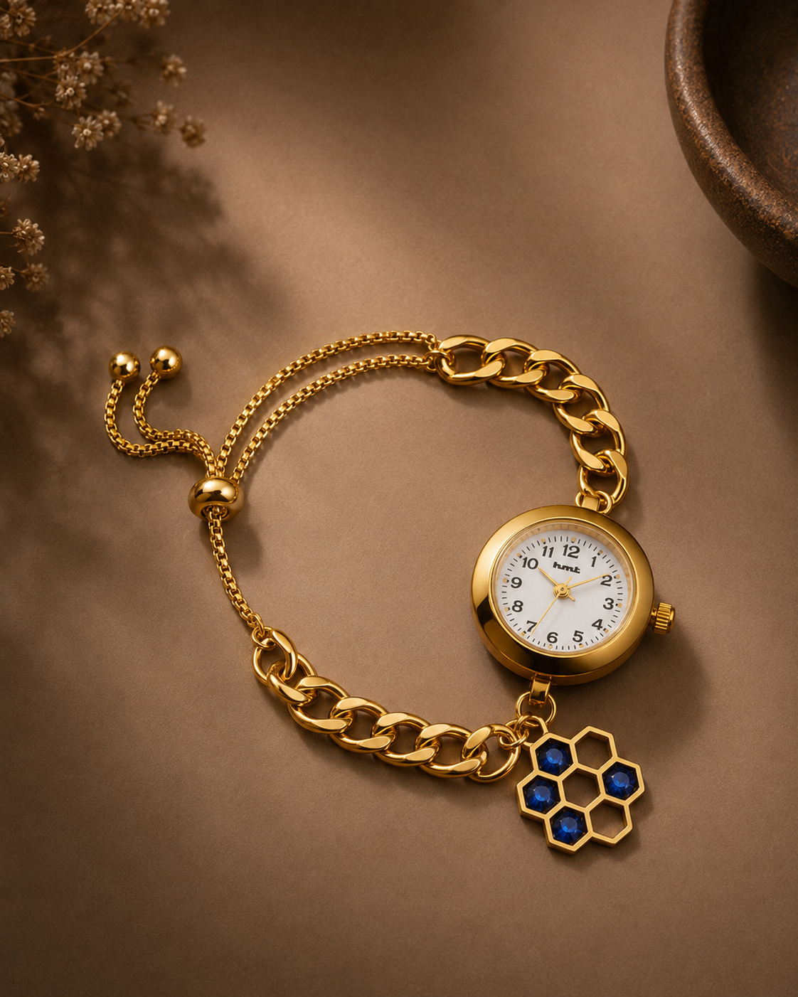 Anti-Tarnish Premium Women's Gold Honeycomb Blue Stone Charm Bracelet Watch