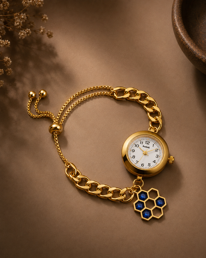 Anti-Tarnish Premium Women's Gold Honeycomb Blue Stone Charm Bracelet Watch