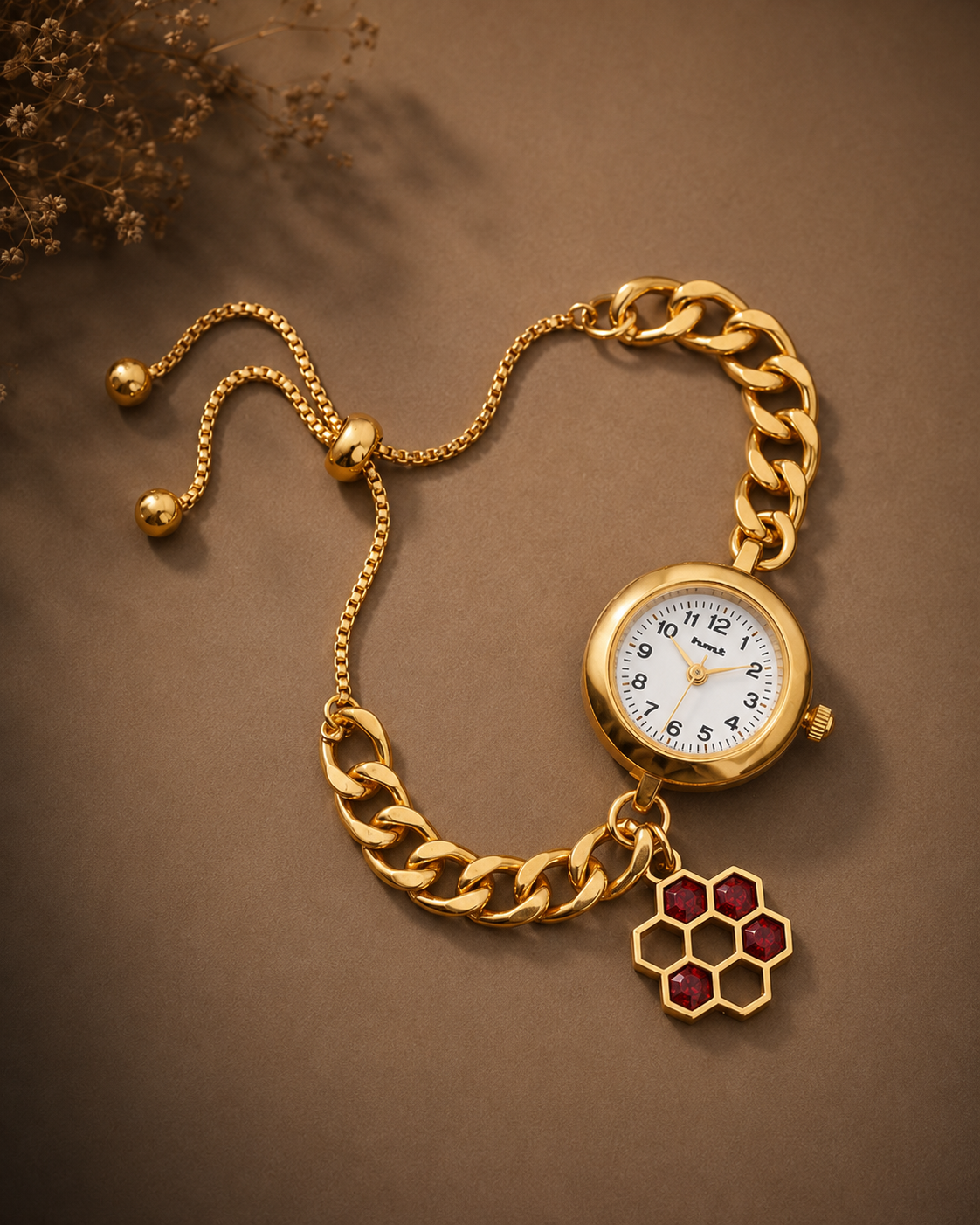 Anti-Tarnish Premium Women's Gold Honeycomb Red Stone Charm Bracelet Watch