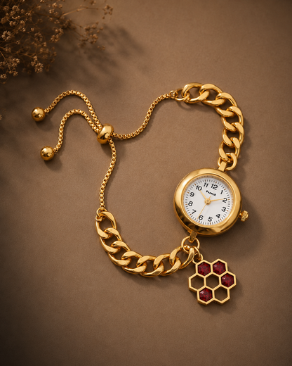 Anti-Tarnish Premium Women's Gold Honeycomb Red Stone Charm Bracelet Watch