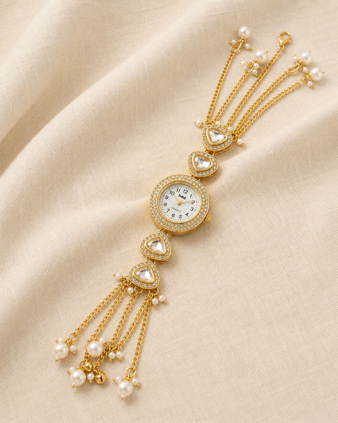 Kashmiri Kundan Pearl Bracelet Watch